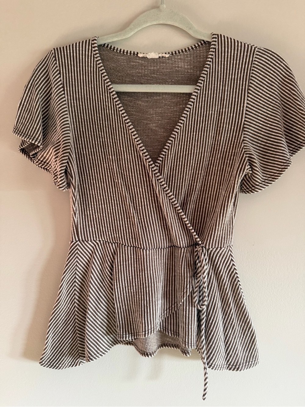 Caution To The Wind Striped Wrap Peplum Top - Taupe & White